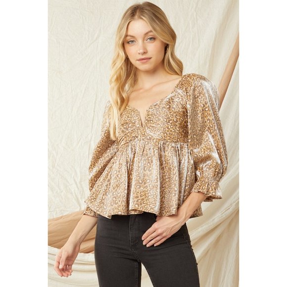 entro Tops - Entro Leopard Iridescent Babydoll Top, Camel